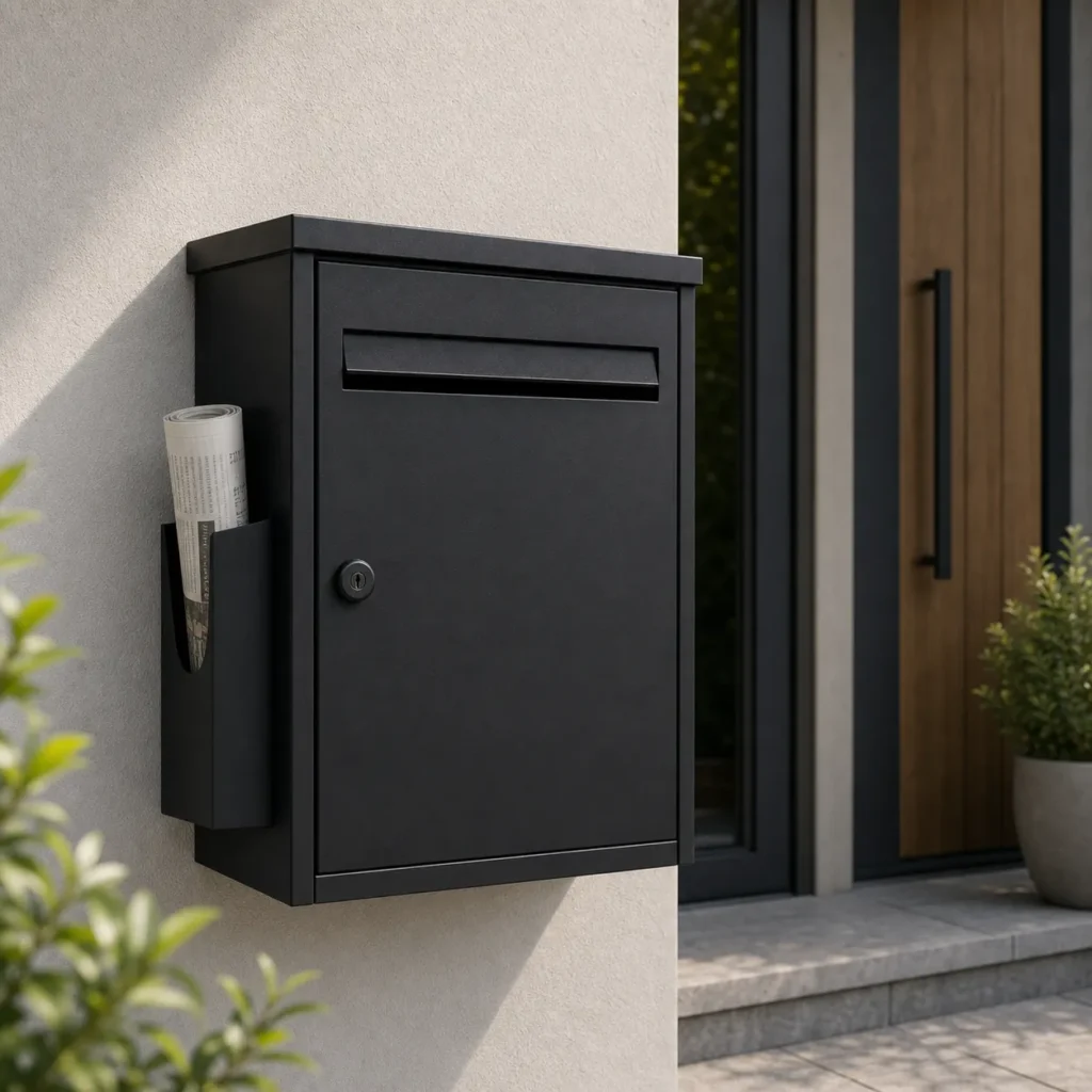 Modern black wall mounted letterbox with newspaper holder installed on a residential exterior wall