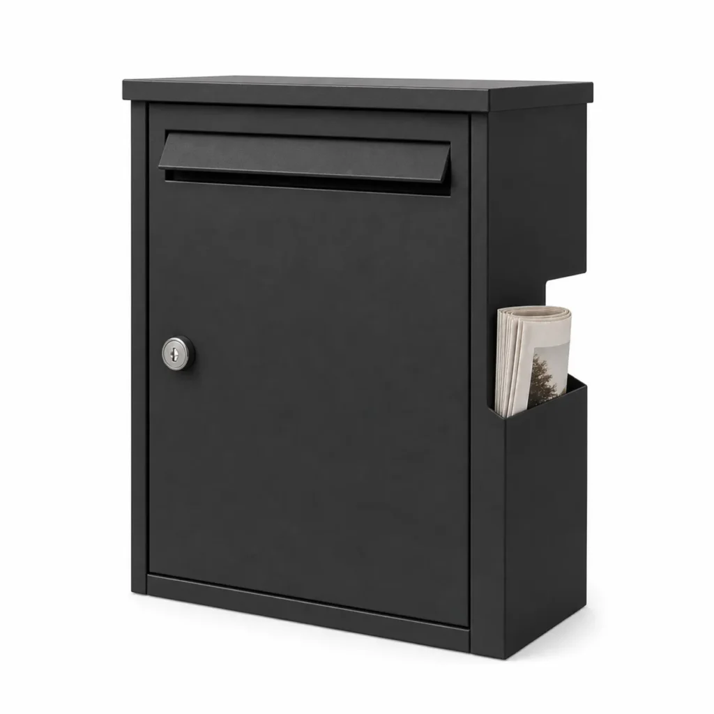 Black wall mounted letterbox with integrated newspaper holder top mail slot and lockable front door