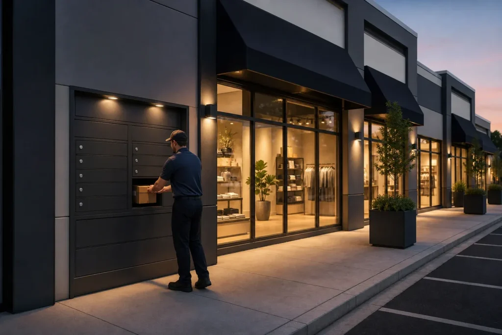 Brand matched retail storefront delivery point with integrated parcel box for after hours deliveries