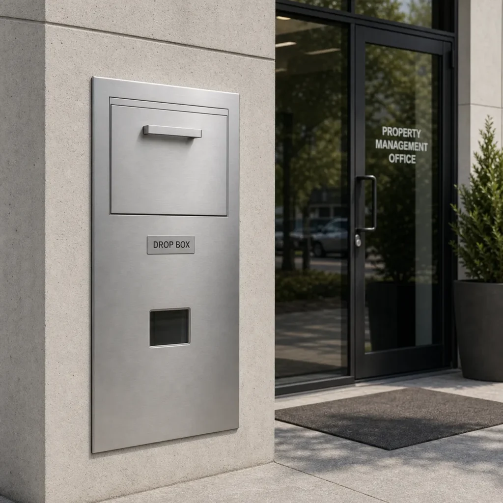 Through wall commercial drop chute installed on an office exterior wall for secure after hours envelope and document drop off