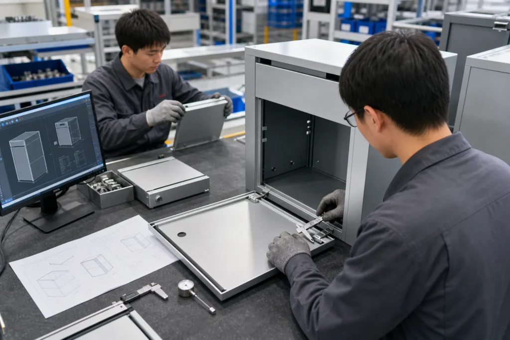 Technicians inspecting metal parcel box components in a clean manufacturing workshop