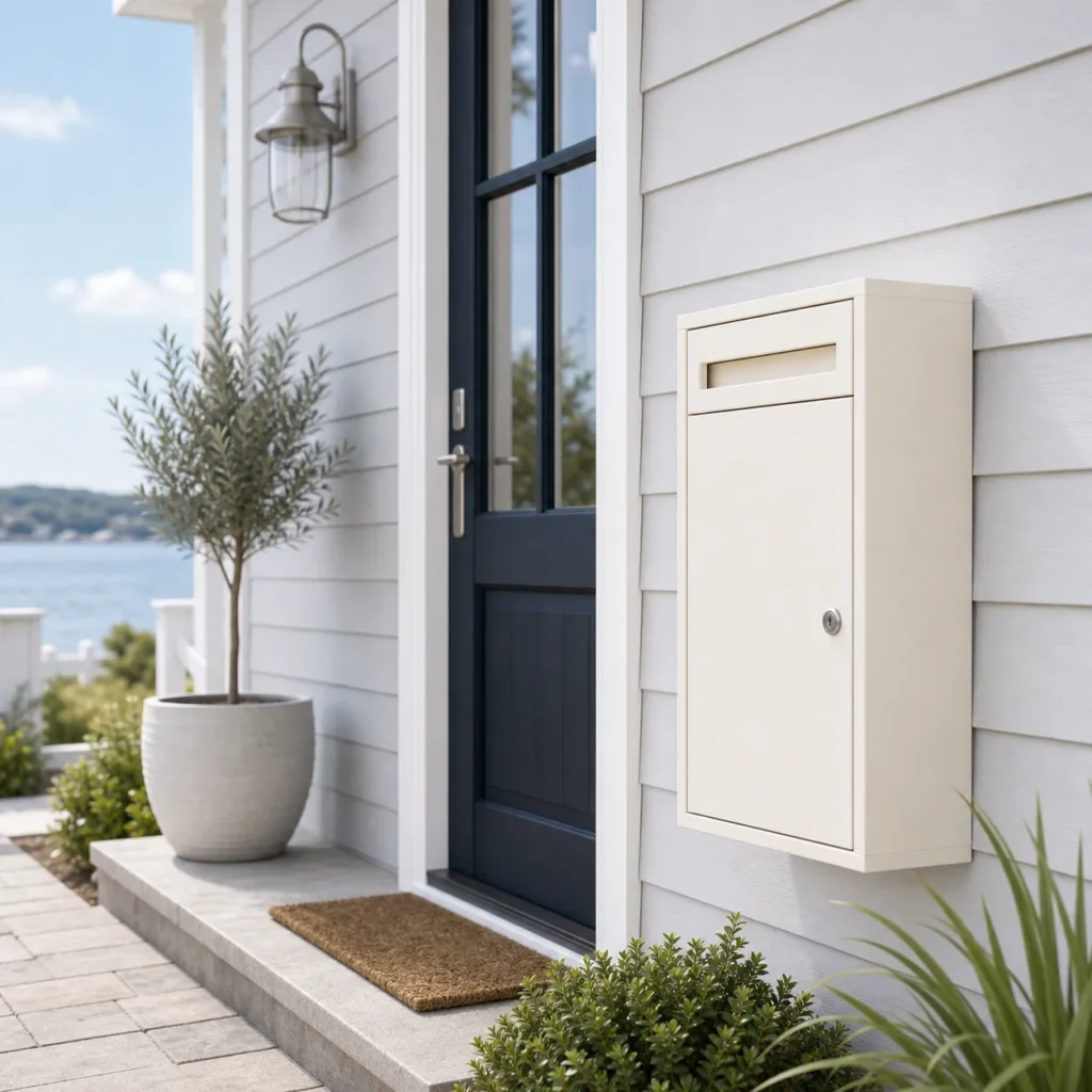 Cream white large parcel letter box mounted at a bright residential entrance with front access door letter slot and key lock