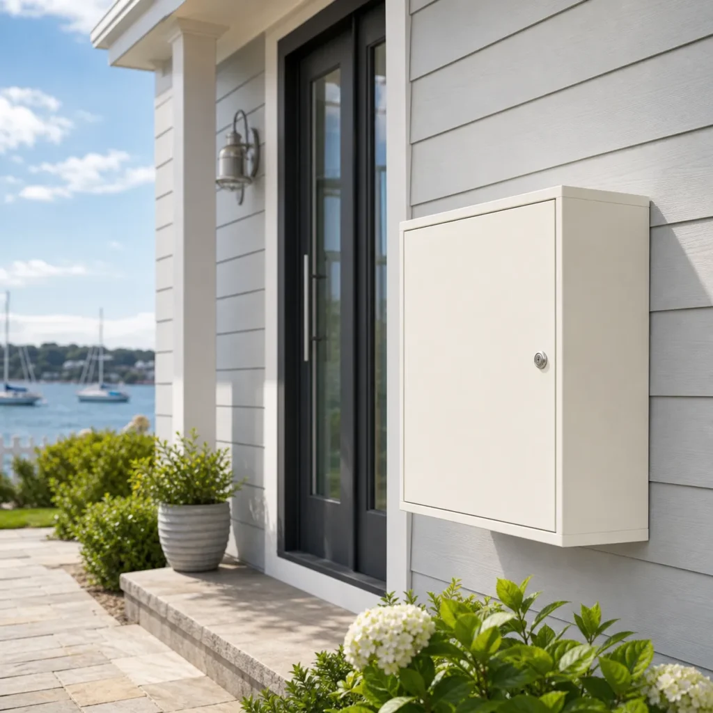 Cream white large wall mounted parcel box on a bright residential entrance wall with front access door and key lock