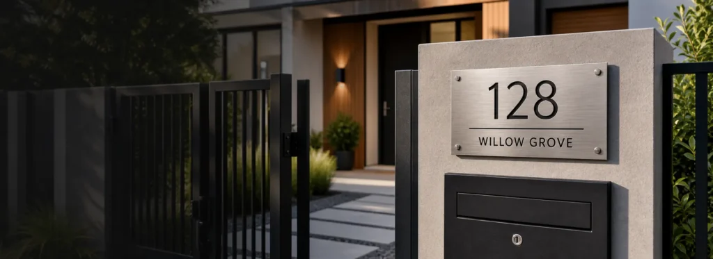 Custom metal address sign mounted at a modern home entrance with gate letterbox and parcel box area