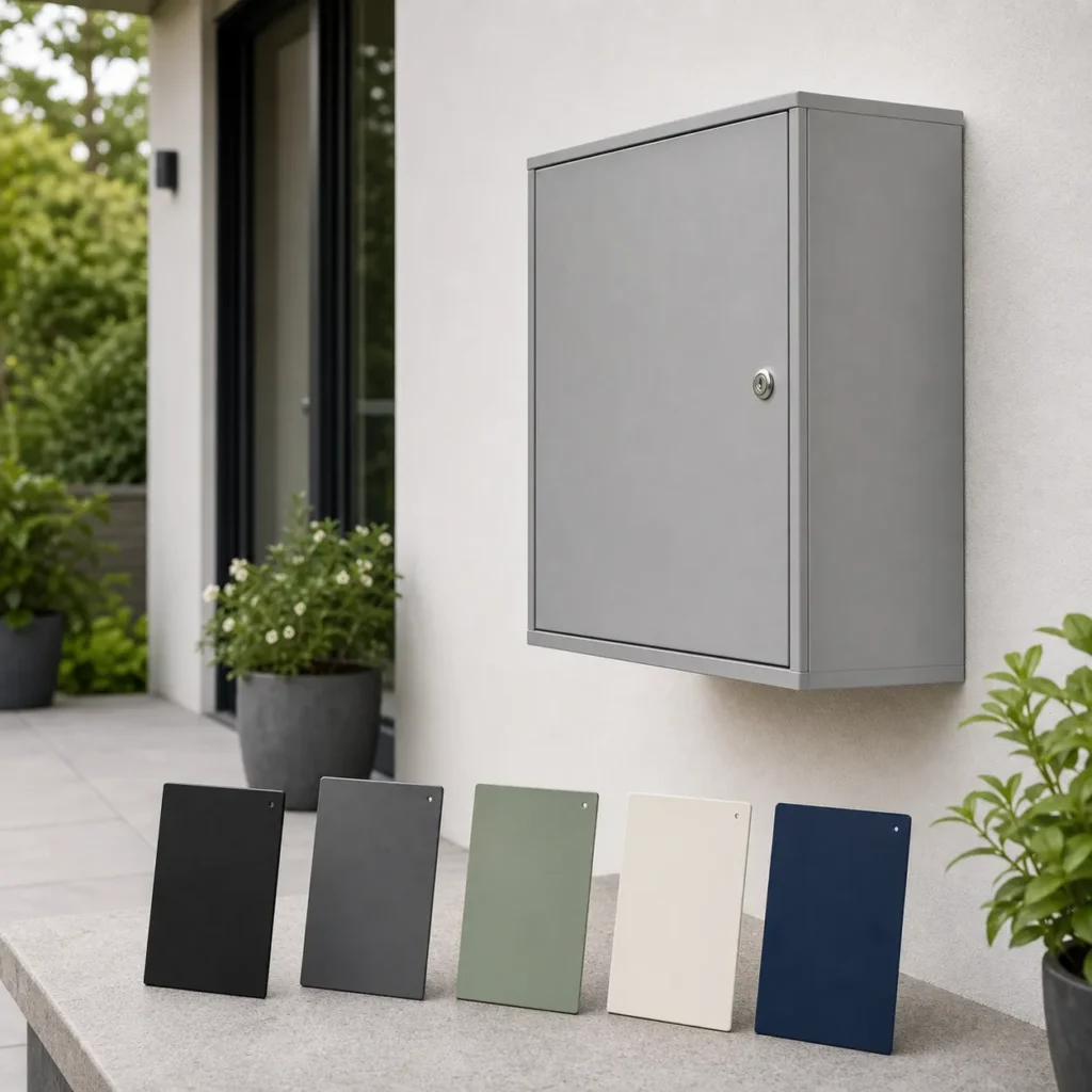 Large wall mounted parcel box with residential color sample panels showing custom color options for OEM orders