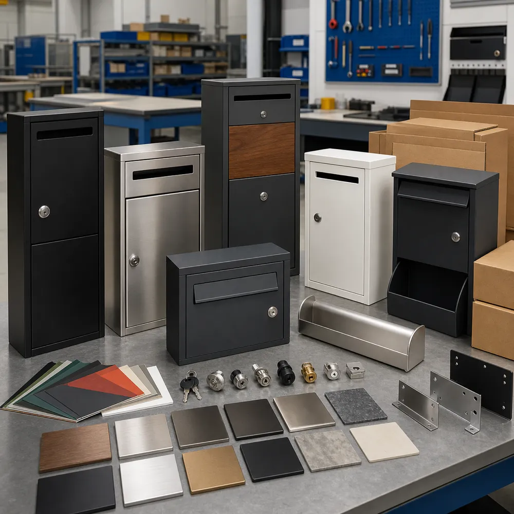Custom letter box prototypes with size, finish, lock, newspaper holder, logo, and packaging options for OEM support