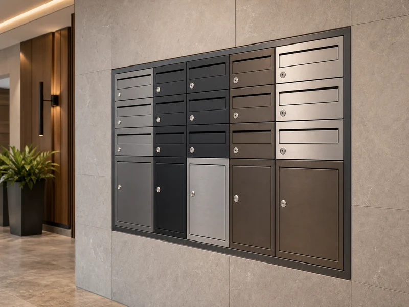 Custom metal letterboxes flush mounted into a modern lobby wall with different module sizes, finishes, and lock positions.