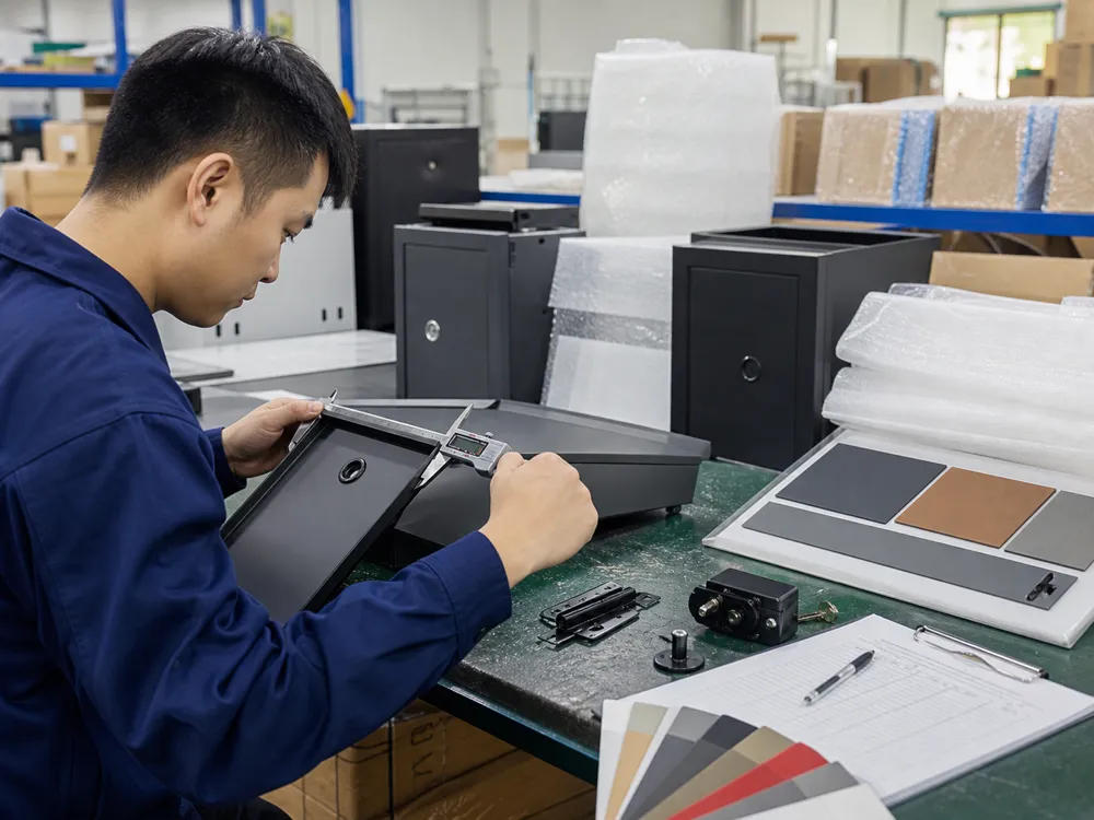 Technician checking mailbox dimensions, finish samples, lock function and packing protection before shipment