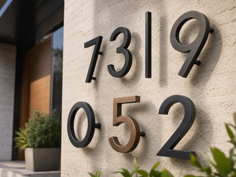 Modern metal house numbers mounted on an exterior wall with different finishes, sizes and installation styles