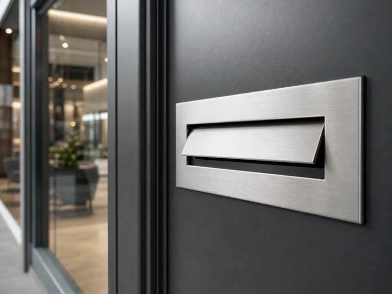 Brushed metal mail slot installed in a modern office door for door, wall and entrance mail delivery systems
