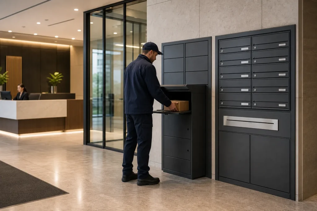 Office parcel box prototype with finish samples, mounting hardware, and custom installation details