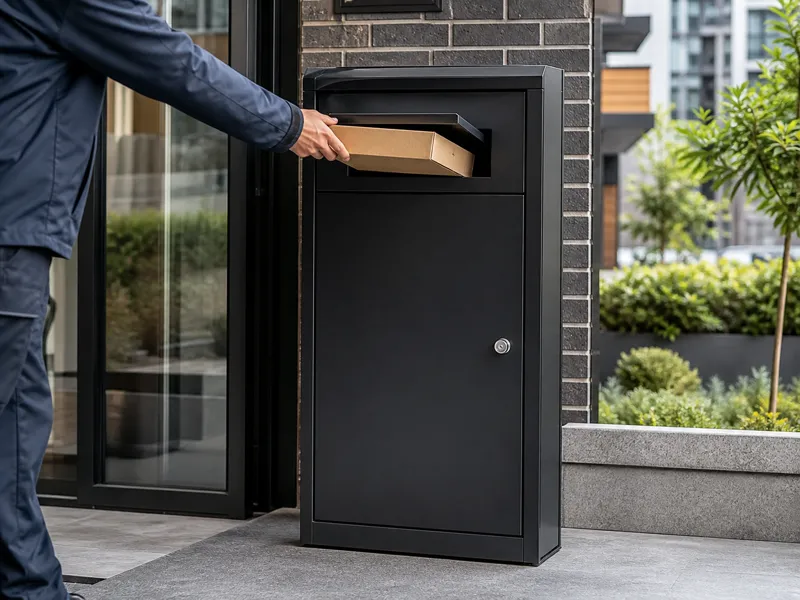 Black metal parcel drop box used at a modern apartment entrance for residential and commercial delivery needs