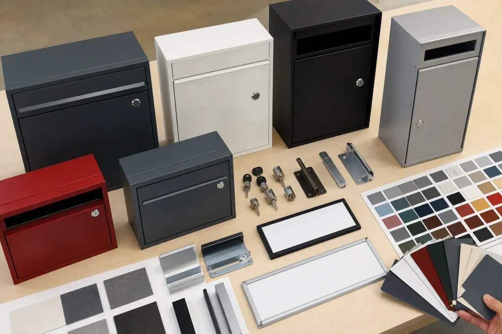 Retail parcel box prototypes with finish samples, blank signage panels, hardware, and installation details