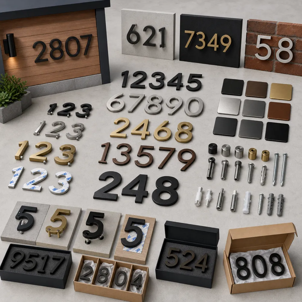 Custom house number samples with different sizes, finishes, fonts, mounting hardware, packaging, and OEM production options.