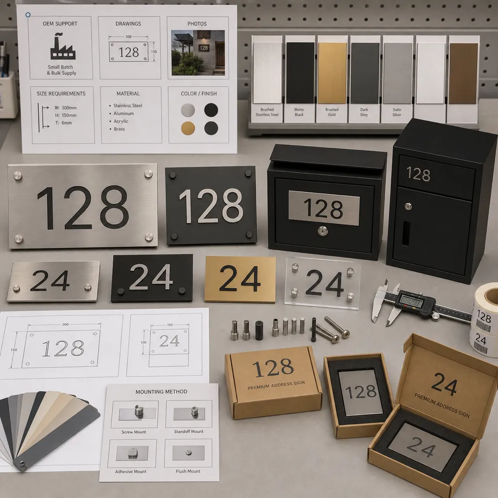 OEM custom address sign prototypes with drawings material swatches mounting hardware labels and packaging options