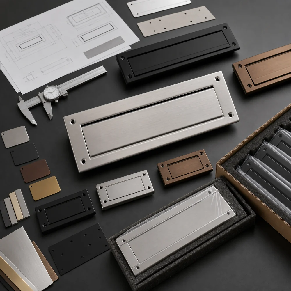 Surface mounted mail slot samples with metal finishes drawings mounting hole options and packaging for OEM customization