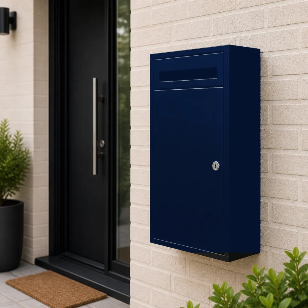 Deep navy blue large parcel letter box installed beside a residential front door with letter slot and lockable parcel storage
