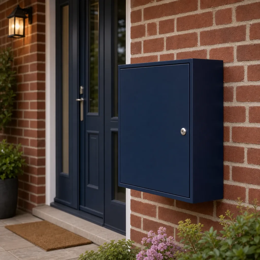 Deep navy blue large wall mounted parcel box installed at a suburban home entrance for secure parcel delivery