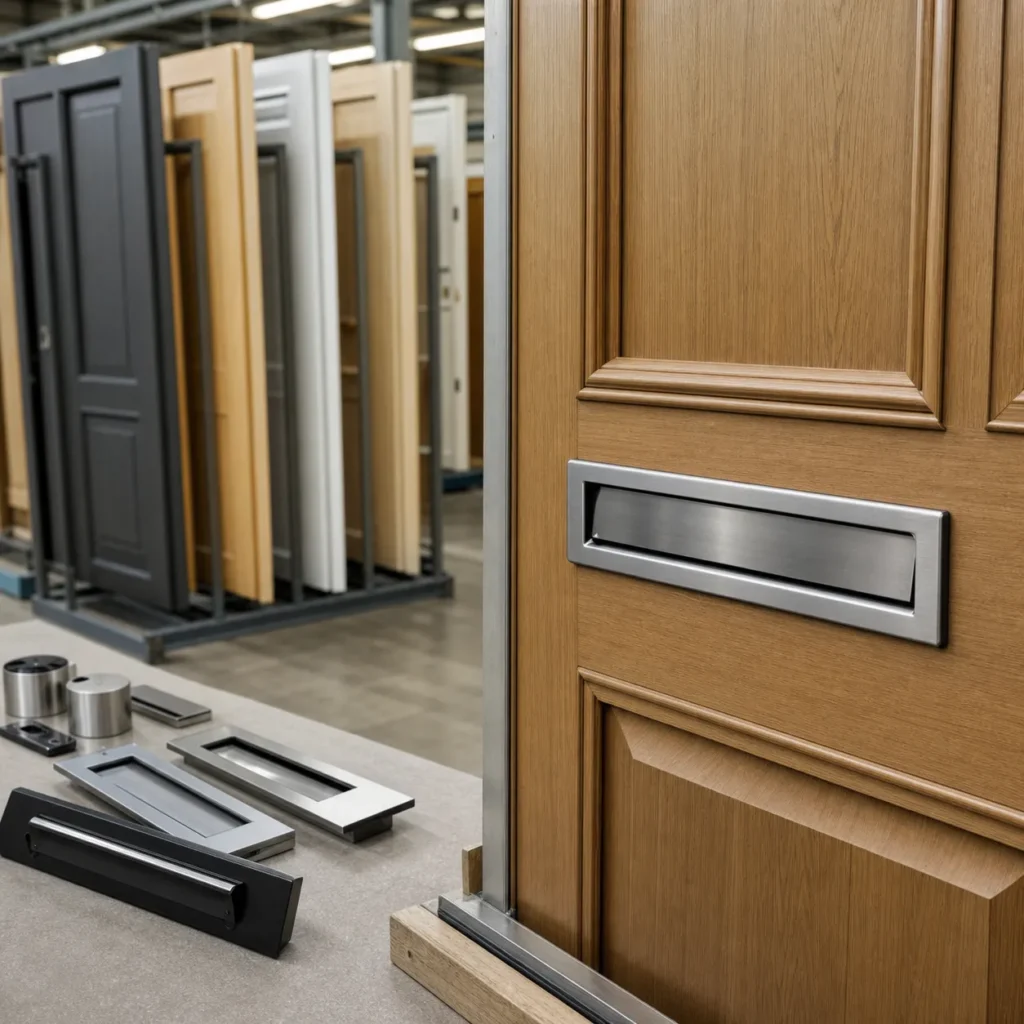 Built in metal mail slot fitted into a residential door panel for wooden, metal, or composite door manufacturing