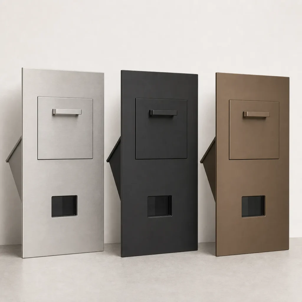 Through wall commercial drop chute finish options in stainless steel black and bronze with matching deposit panel and chute structure