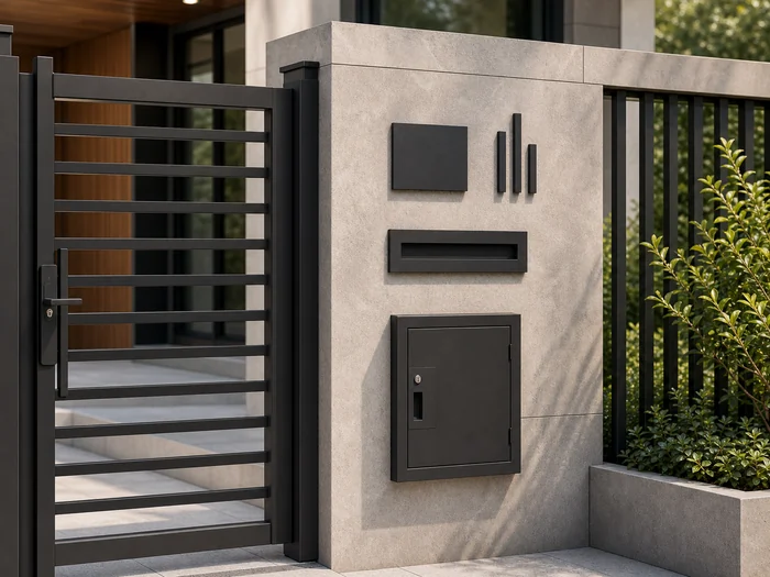 Coordinated mail slot, parcel box, sign plate, and house number details matched with a modern entrance gate design.