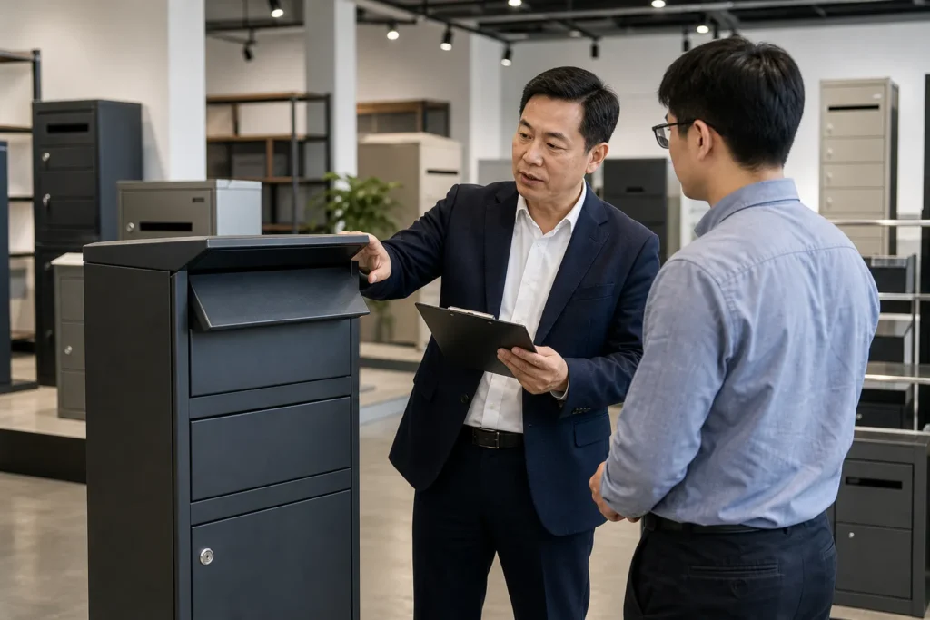 Experienced manager reviewing a finished parcel drop box with a customer in a showroom