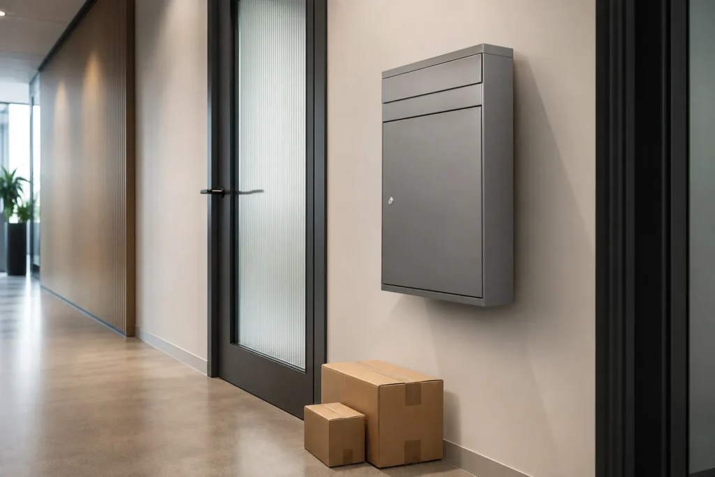 Front access parcel box for office delivery and collection from the same side