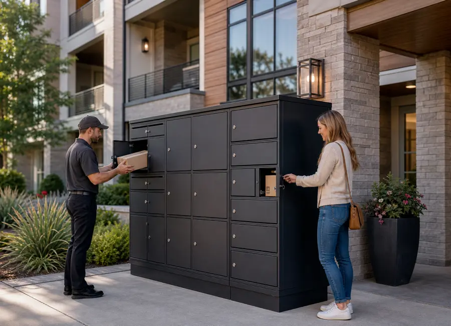 Front access parcel boxes for apartment delivery and collection