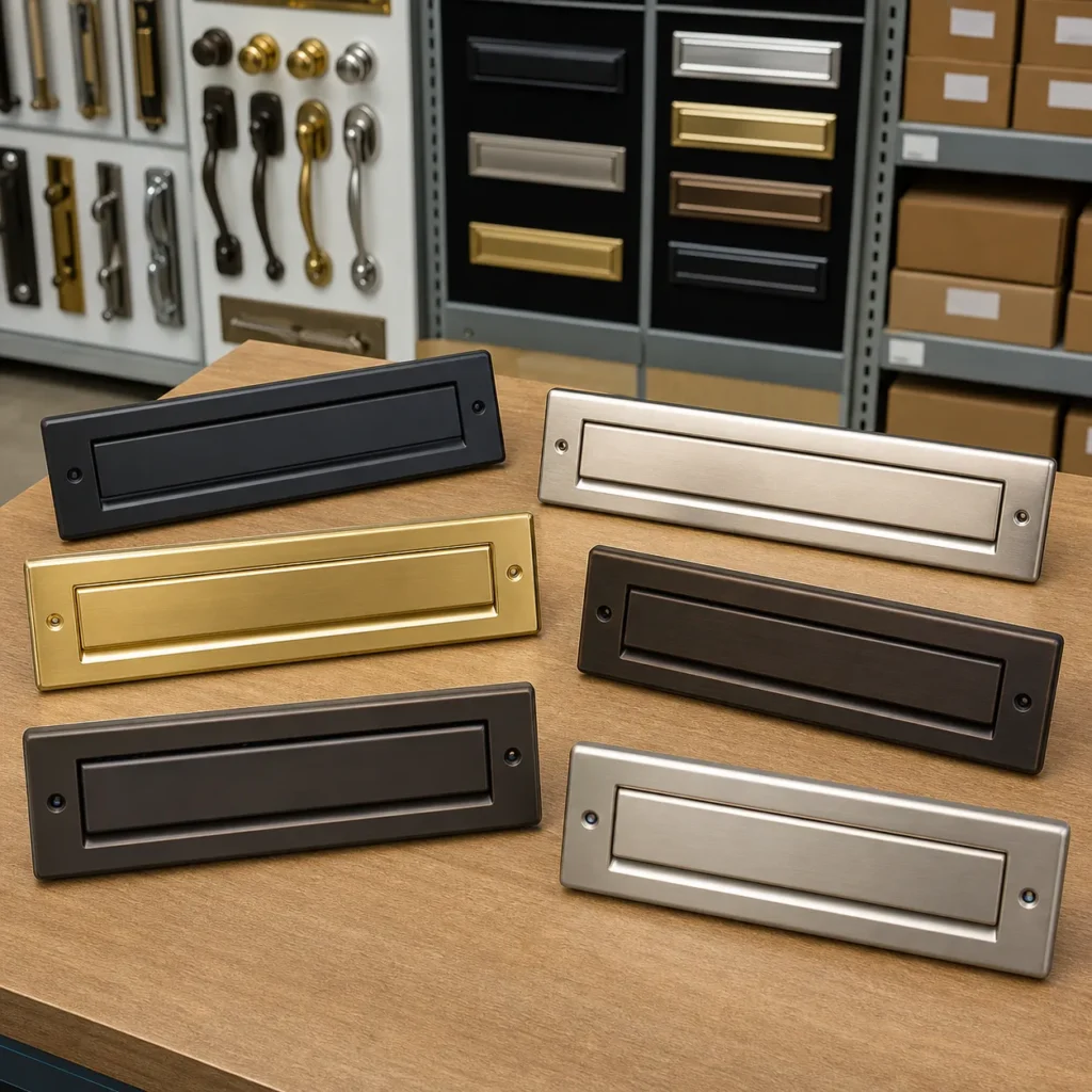 Residential mail slots in multiple finishes displayed as a practical door hardware and home improvement supply product line