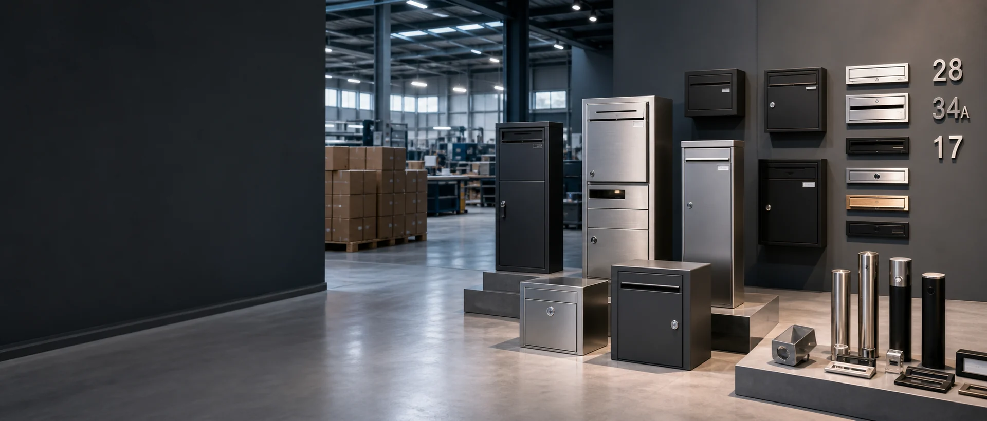 Custom parcel boxes, letterboxes, mail slots, house numbers, and mailbox accessories displayed in a modern manufacturing showroom