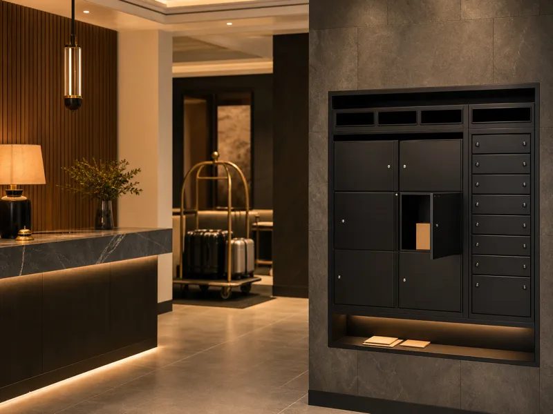 Design-friendly parcel box and mail slot system for hotel reception areas, guest properties, and resorts