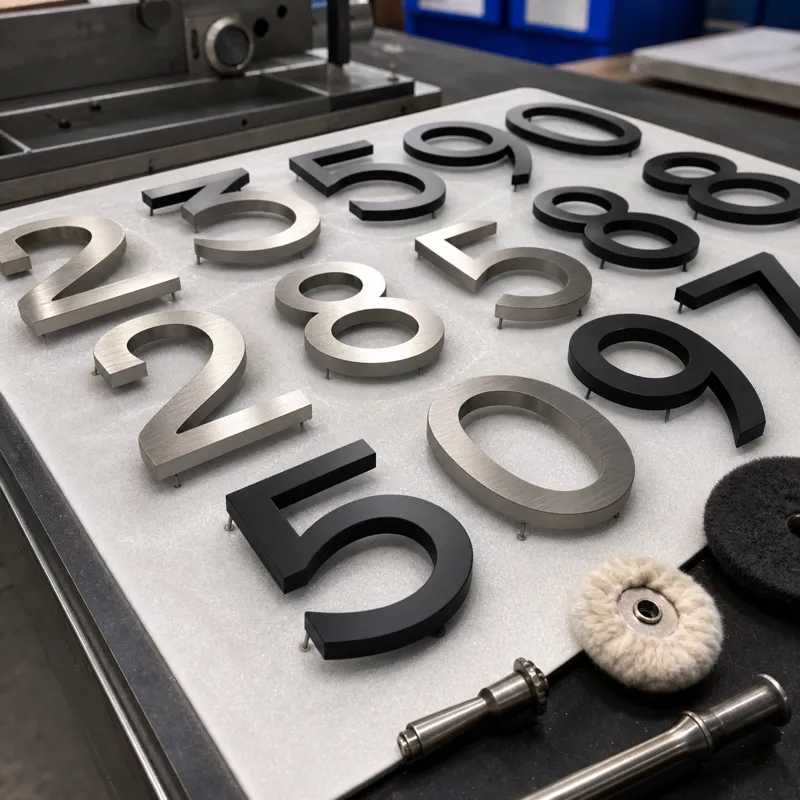 Precision cut metal house numbers with smooth edges, mounting pins and consistent brushed and coated finishes