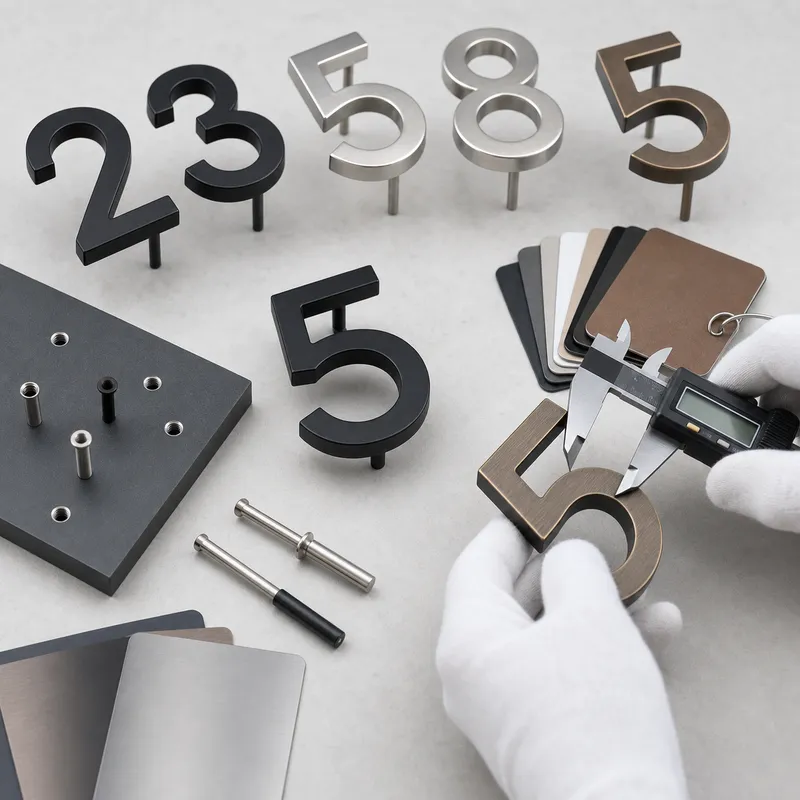 Metal house number samples checked for size, thickness, color, mounting pins and surface finish