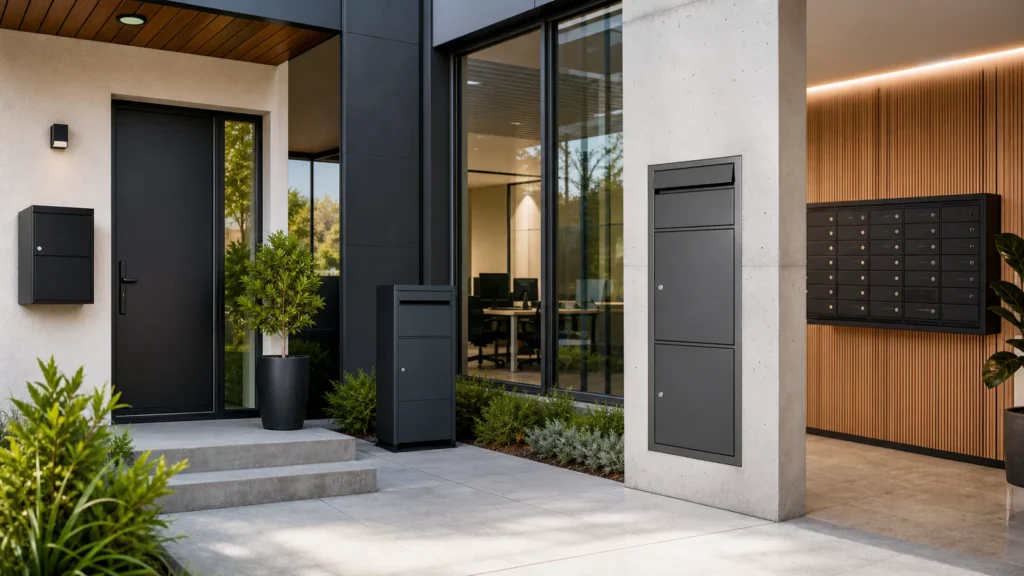 Different parcel boxes installed at residential, office, built-in wall, and shared mailbox areas for secure delivery use