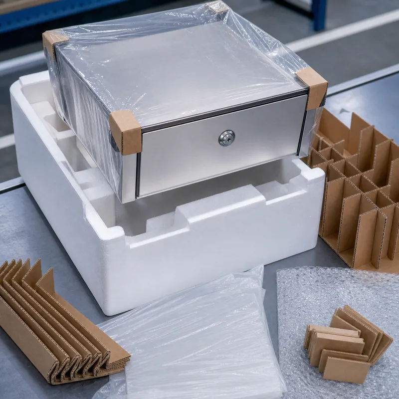 Metal parcel box packed with foam inserts, cardboard corner protectors and protective bag to reduce shipping damage