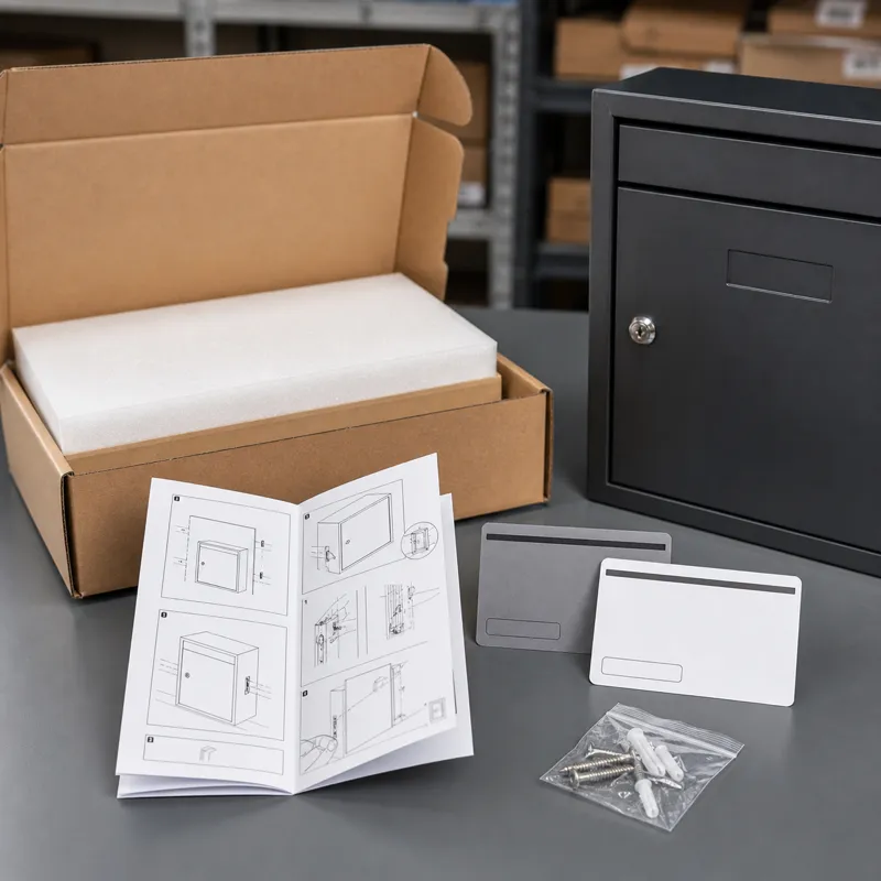 Installation guide, product card, screw bag and parcel box packaging arranged for OEM mail product orders