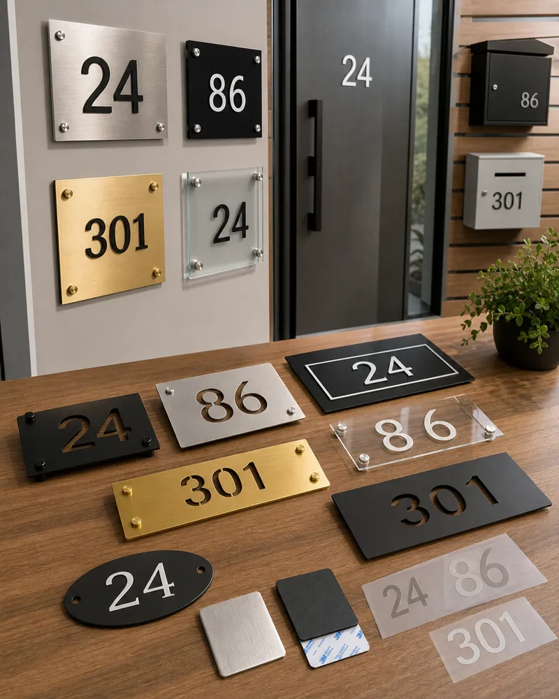 Custom address sign samples showing different sizes finishes fonts shapes and mounting options for walls fences gates letterboxes and front doors