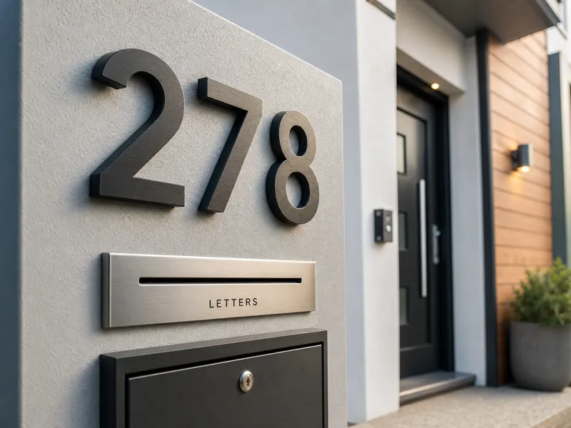 Close-up of durable metal house numbers beside a letterbox and parcel mailbox, showing clear address visibility and clean exterior detail.
