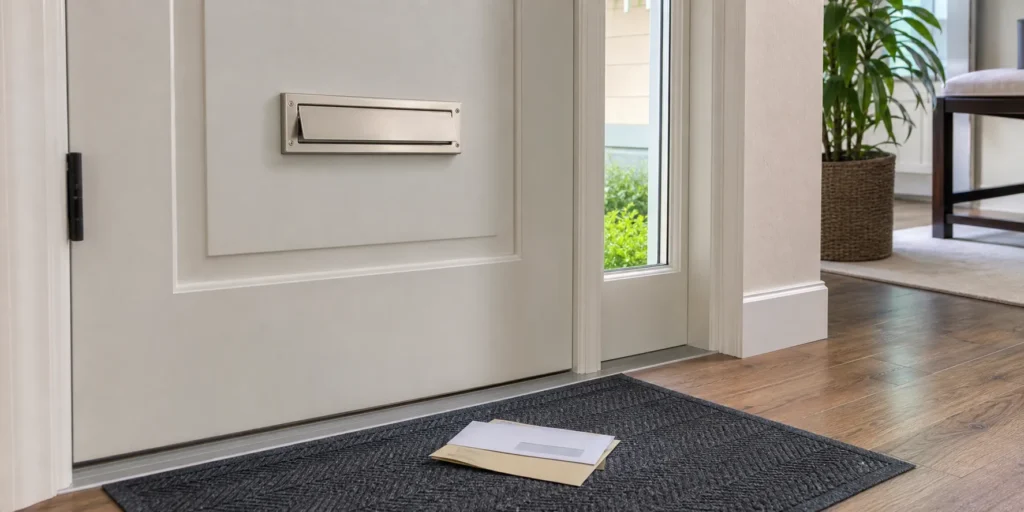 Residential door mail slot delivering letters directly indoors while keeping the entry area clean and space saving