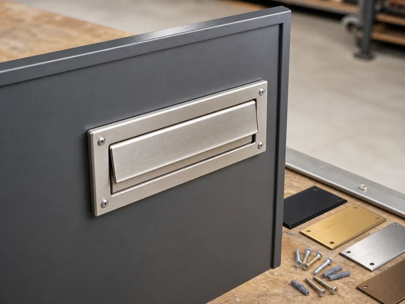 Surface mounted mail slot fixed directly onto a door surface with visible hardware and finish samples for easy installation
