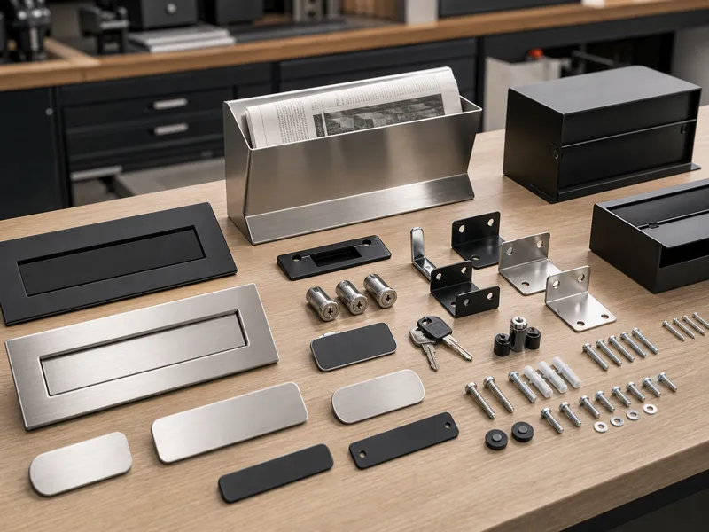 Custom letterbox accessories including mail slots, name plates, locks, keys, brackets and mounting hardware on a workshop table