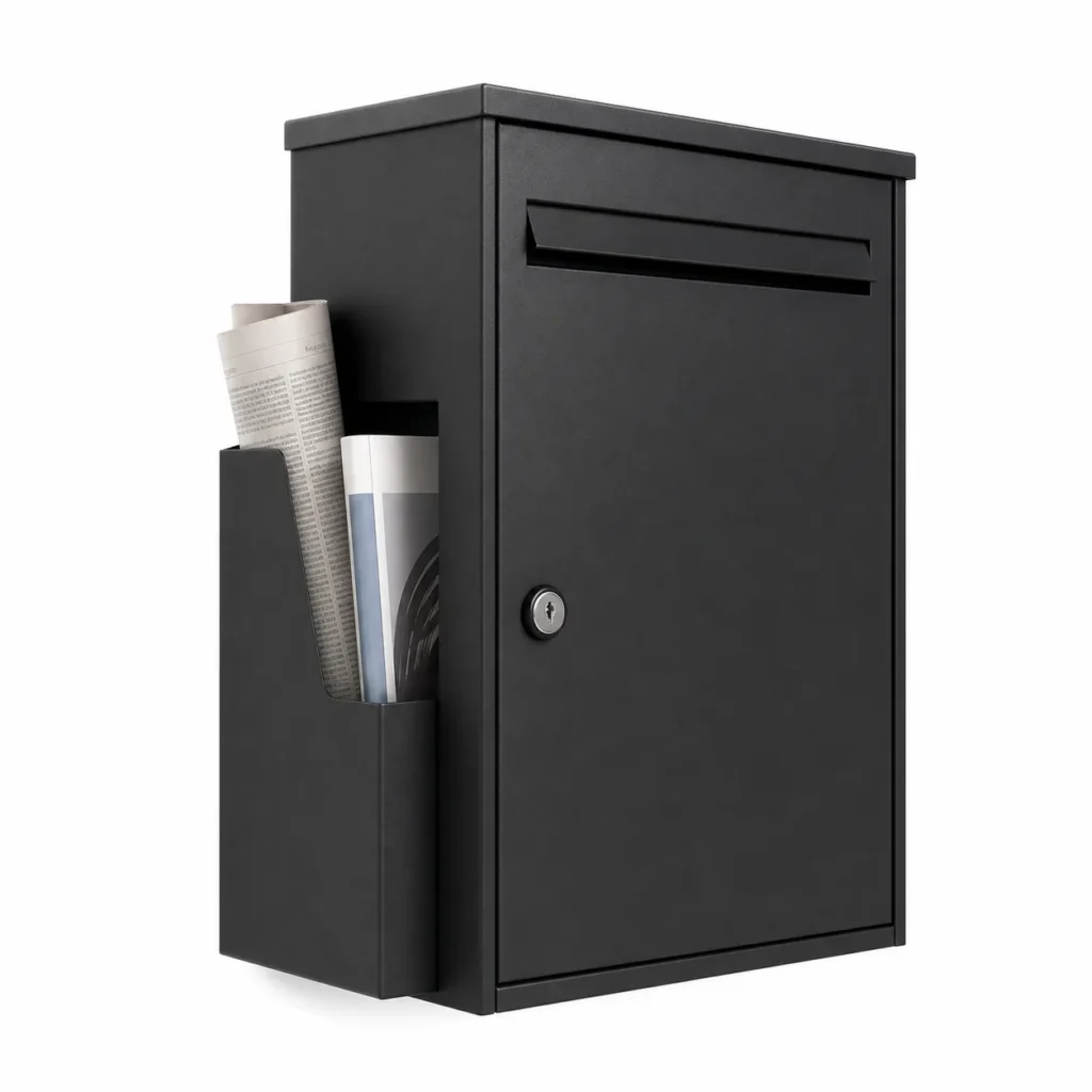 Side view of black wall mounted letterbox with open newspaper holder for newspapers and magazines