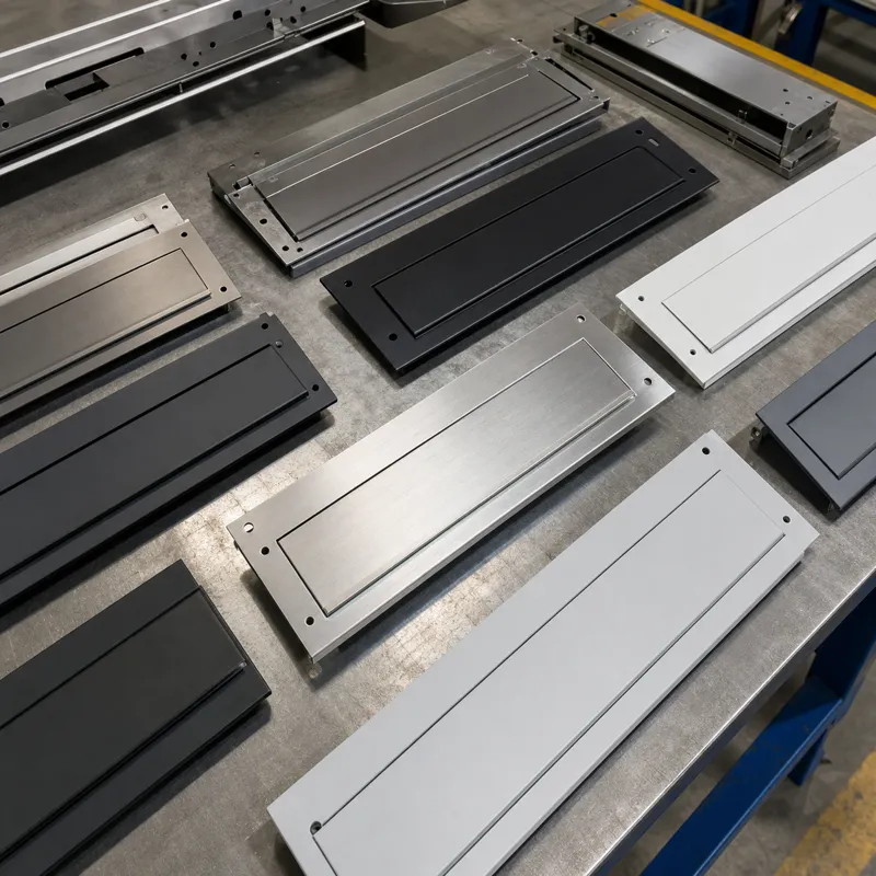 Letterbox panels with clean formed edges, mounting holes and consistent powder coated surface finish