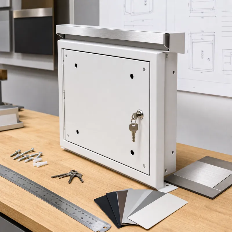 Wall mounted letterbox sample checked for size, access direction, coating, mounting holes and accessories
