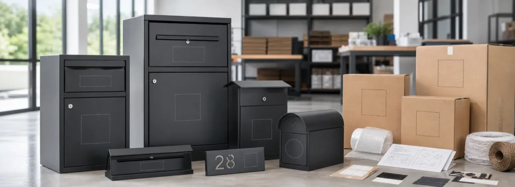 Custom metal mailboxes and parcel boxes displayed with branded packaging materials, labels and instruction sheets for OEM customization