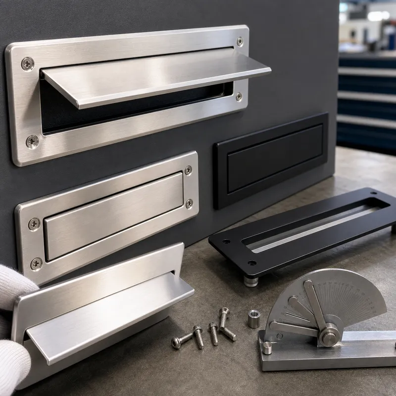 Metal mail slot samples checked for brushed finish, flap movement, mounting screws and logo position