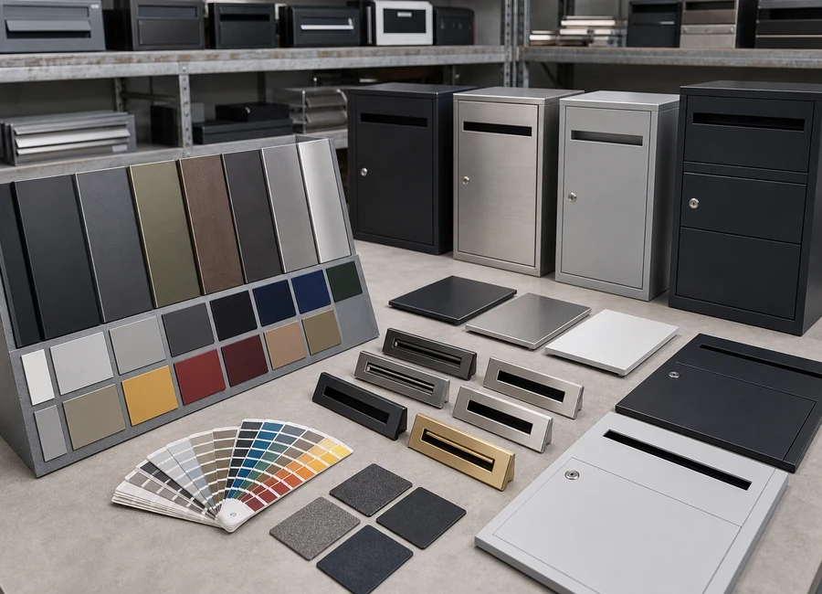 Mailbox material samples, color swatches and finished panels prepared for custom production review