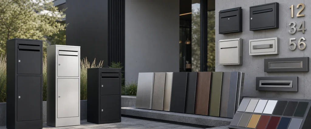 Custom metal mailbox and parcel box material finishes with powder coating, brushed metal and color samples