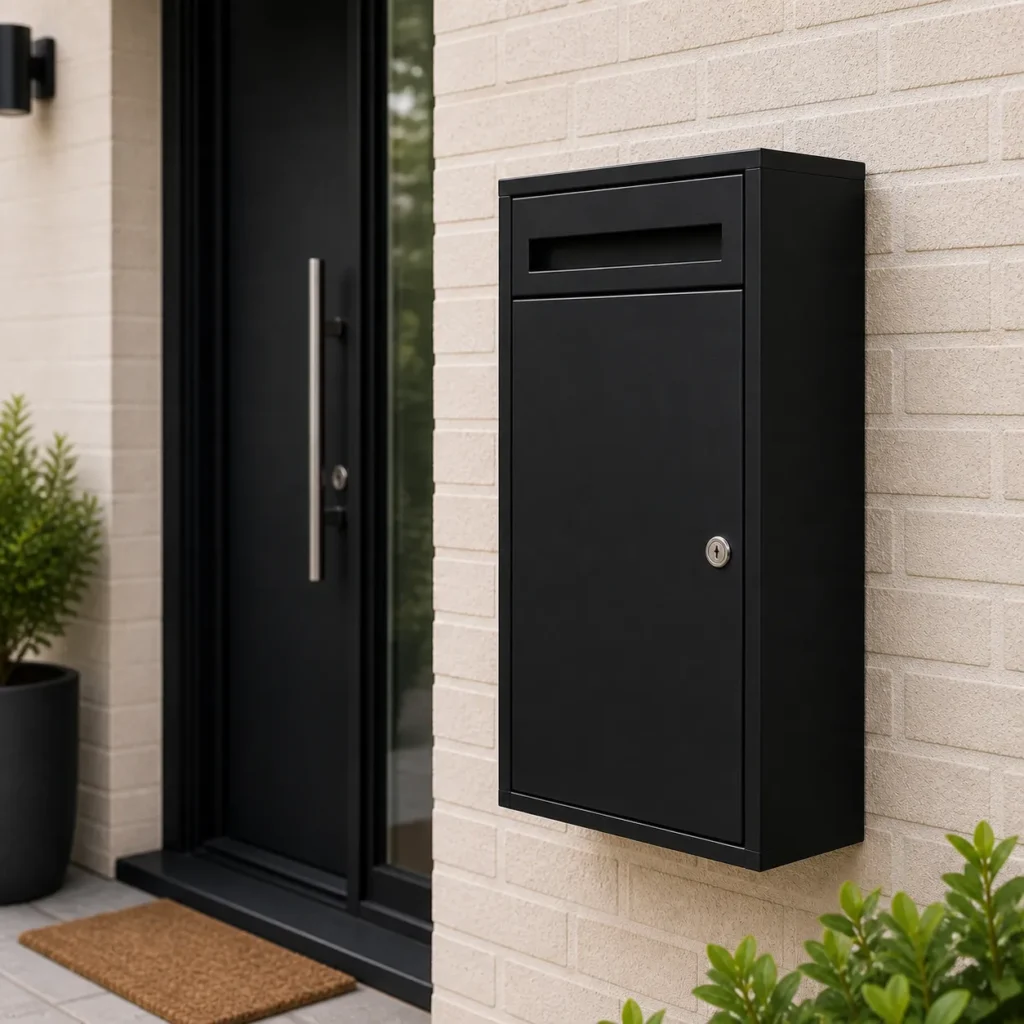 Matte black large parcel letter box mounted on a cream brick residential entrance wall with front letter slot and secure key lock