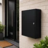 Matte black large wall mounted parcel box installed beside a modern residential entrance for secure home delivery